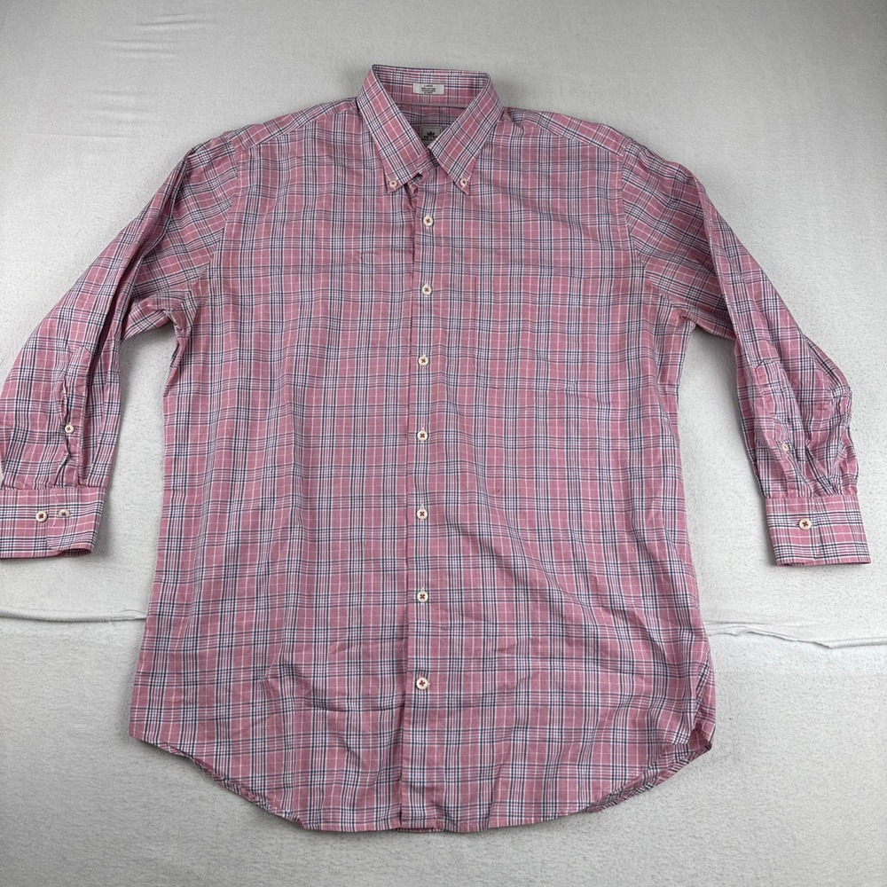 Peter Millar Mens Pink Plaid Dress Shirt READ - Sleeves Shortened- Large Office